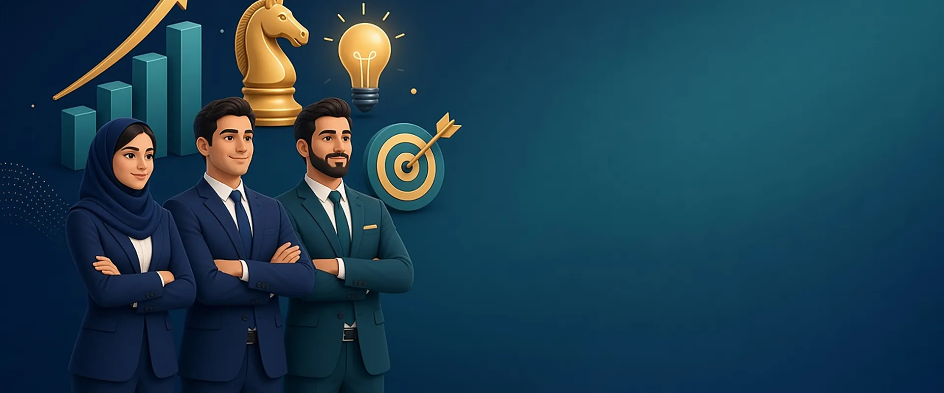 تیم کسب‌وکار در کنار نمودار رشد و نمادهای استراتژی – کوچینگ کسب و کار