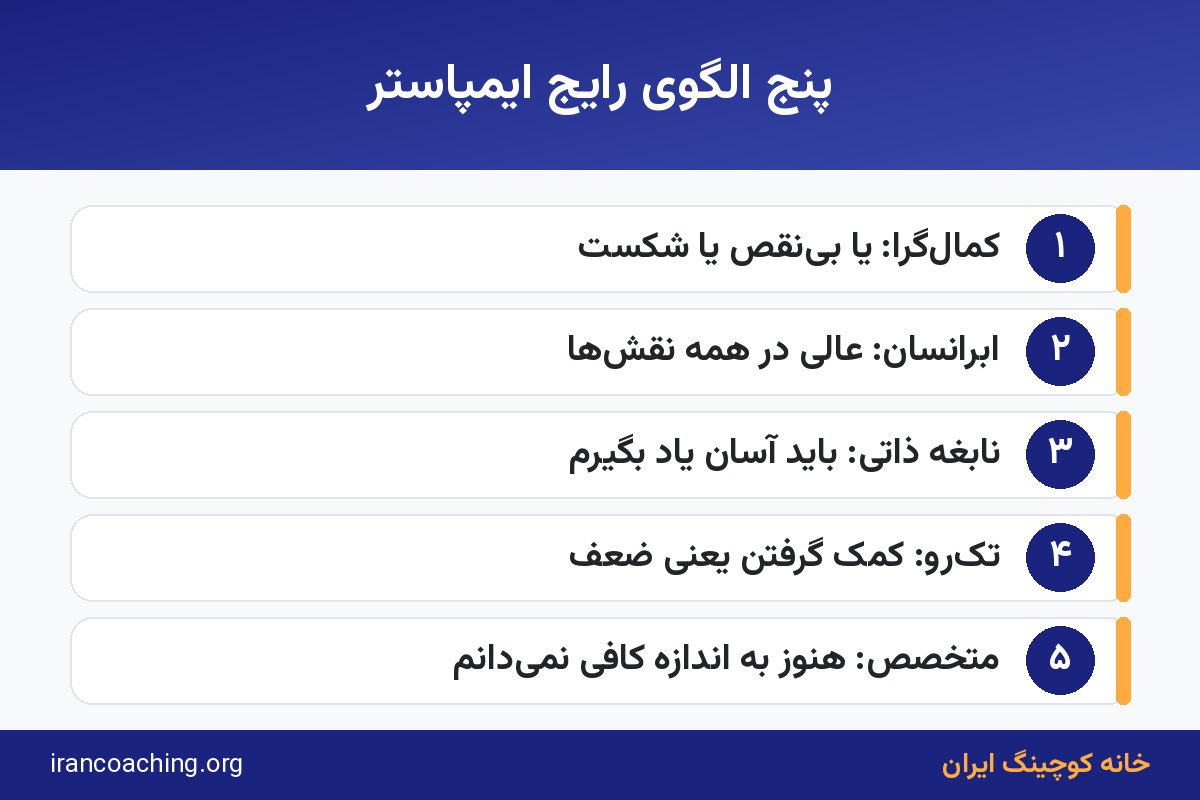 اینفوگرافیک پنج الگوی سندرم ایمپاستر: کمالگرا، ابرانسان، نابغه ذاتی، تکرو و متخصص